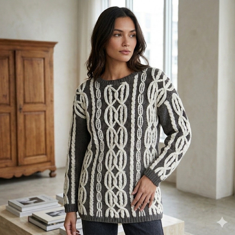 Vintage Cos Cob Womens Cable Knit Oversized Tunic Sweater Wool Blend Small